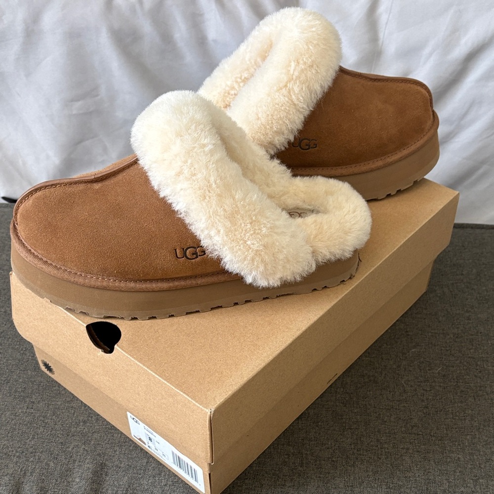UGG Chestnut Suede Shearling Clog Slippers with Cream Fuzz
